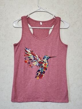 Floral Hummingbird Graphic Racerback Tank Colorful Bird Summer Light Dusty Rose